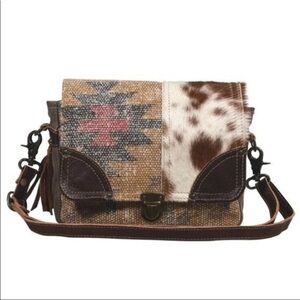 New Myra Leather Western Crossbody Bag Mixed Media Clasp Zipper Southwest Rodeo